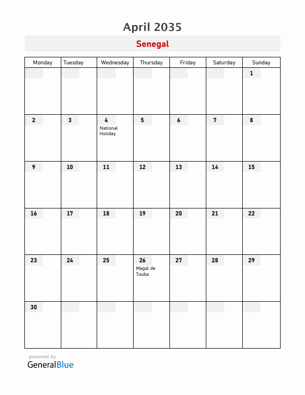 Senegal April 2035 Calendar with Holidays