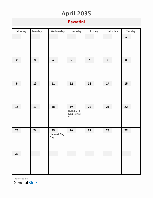Eswatini April 2035 Calendar with Holidays