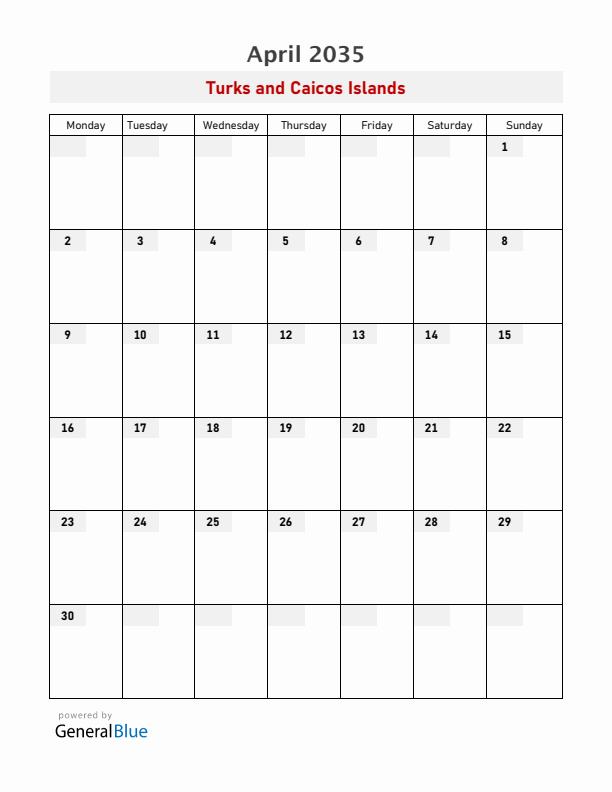 Turks and Caicos Islands April 2035 Calendar with Holidays
