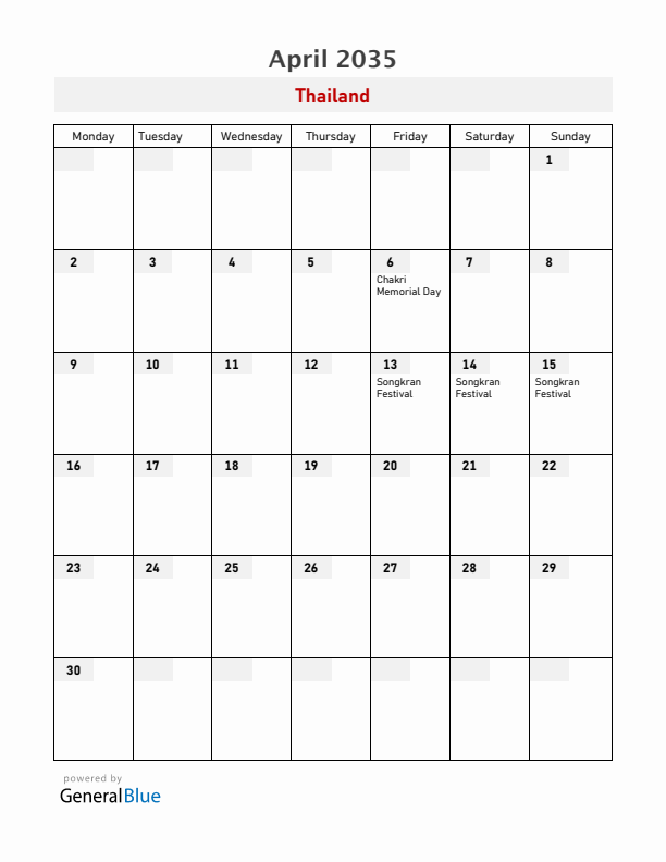 Thailand April 2035 Calendar with Holidays