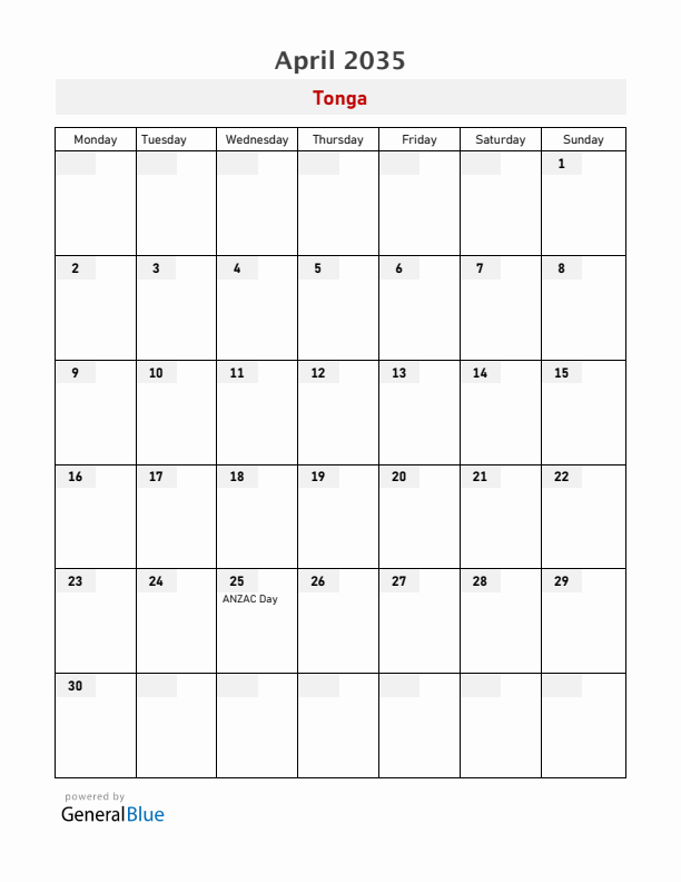 Tonga April 2035 Calendar with Holidays