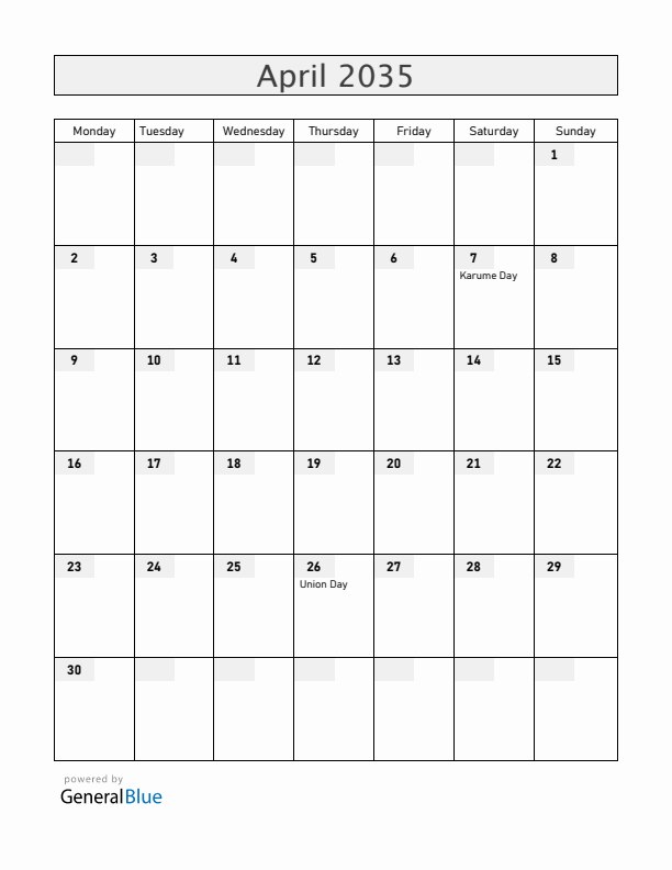 Tanzania April 2035 Calendar with Holidays