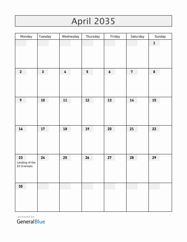 Uruguay April 2035 Calendar with Holidays