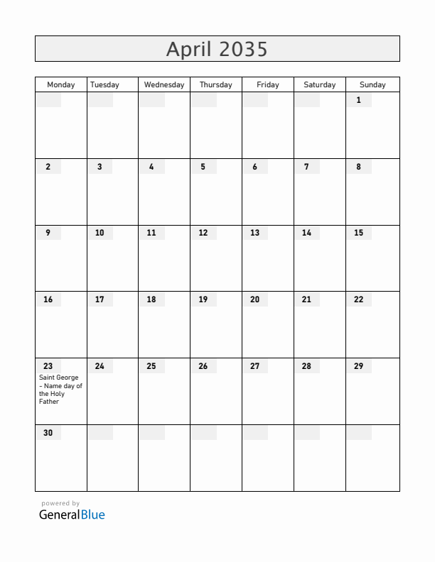 Vatican April 2035 Calendar with Holidays