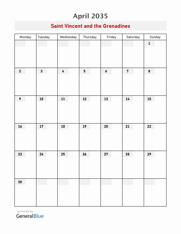 Saint Vincent and the Grenadines April 2035 Calendar with Holidays