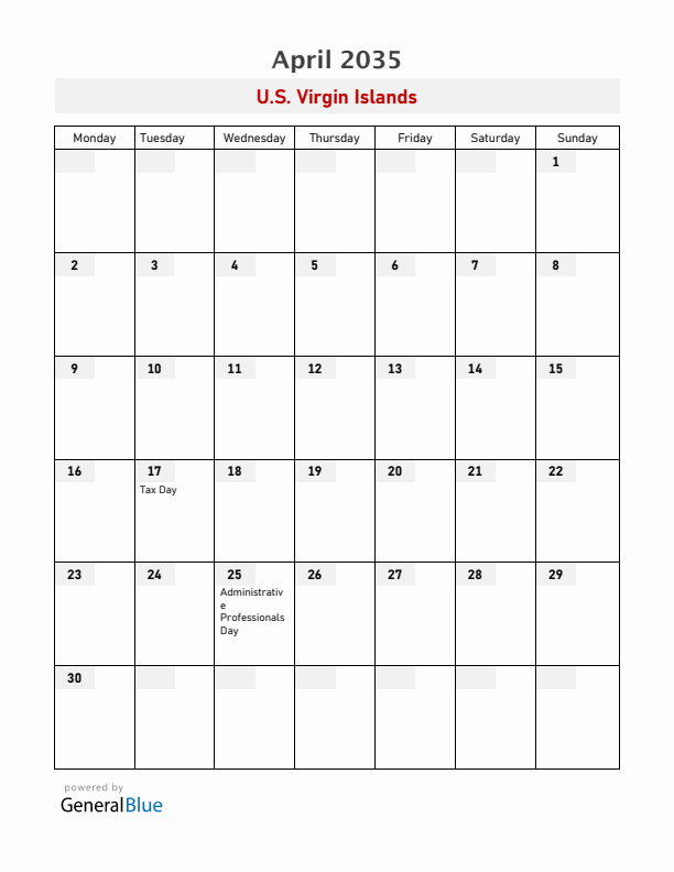 U.S. Virgin Islands April 2035 Calendar with Holidays