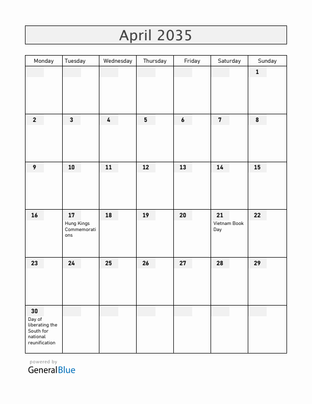 Vietnam April 2035 Calendar with Holidays