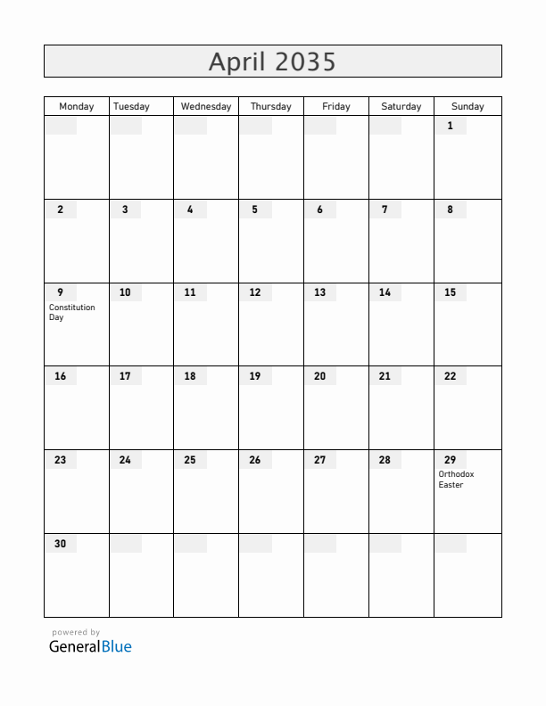 Kosovo April 2035 Calendar with Holidays