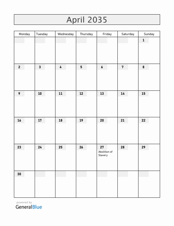 Mayotte April 2035 Calendar with Holidays
