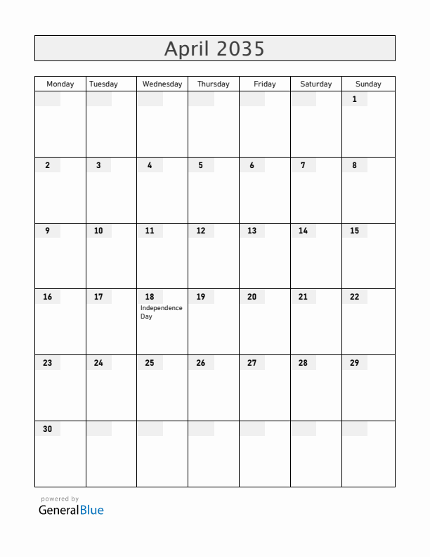 Zimbabwe April 2035 Calendar with Holidays