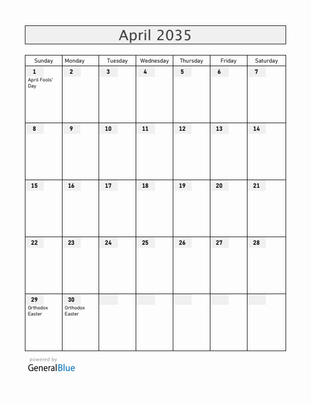 Albania April 2035 Calendar with Holidays