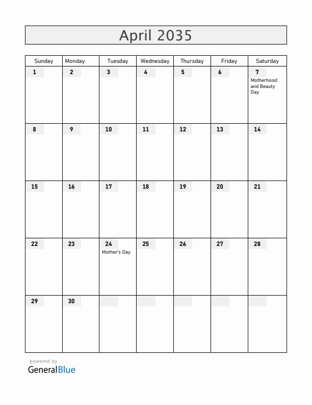 Armenia April 2035 Calendar with Holidays