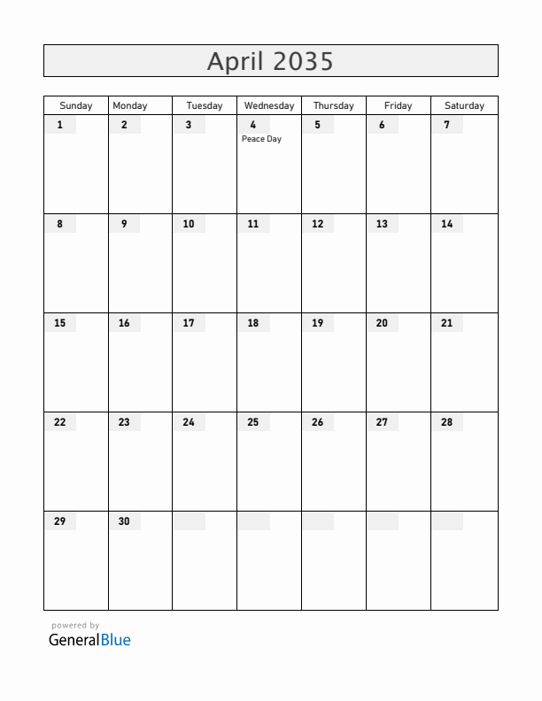 Angola April 2035 Calendar with Holidays