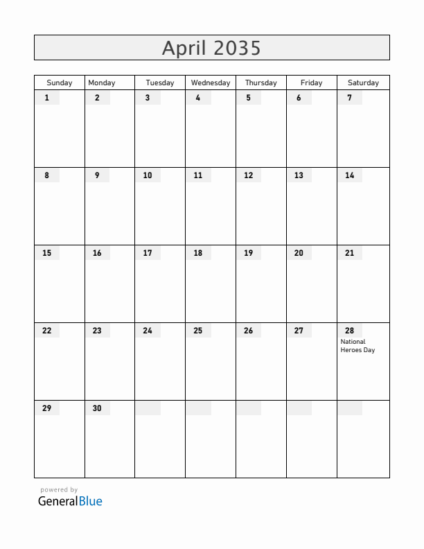 Barbados April 2035 Calendar with Holidays