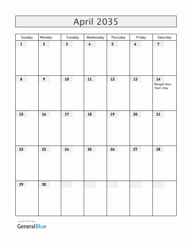 Bangladesh April 2035 Calendar with Holidays