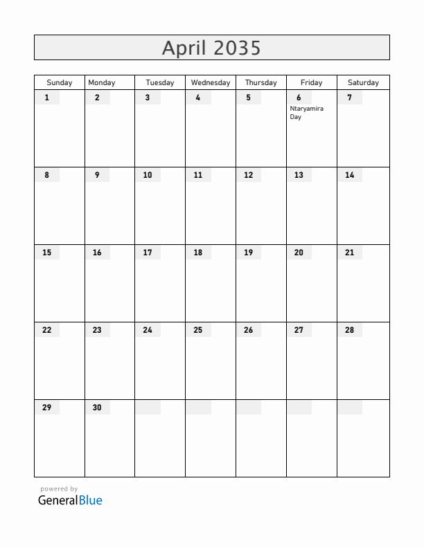 Burundi April 2035 Calendar with Holidays