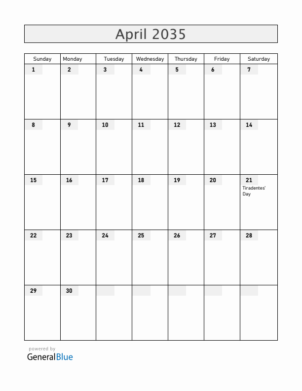 Brazil April 2035 Calendar with Holidays