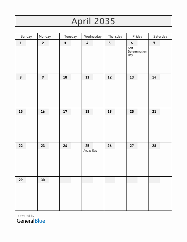 Cocos Islands April 2035 Calendar with Holidays