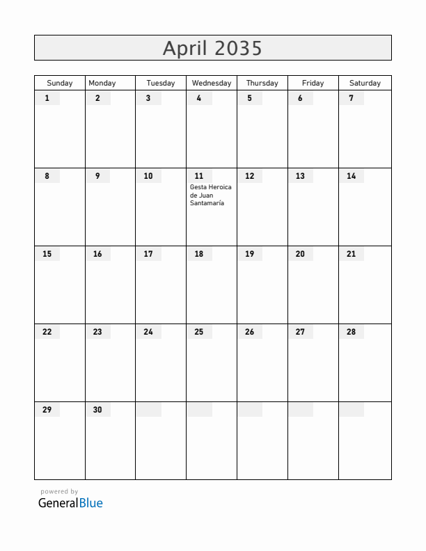 Costa Rica April 2035 Calendar with Holidays