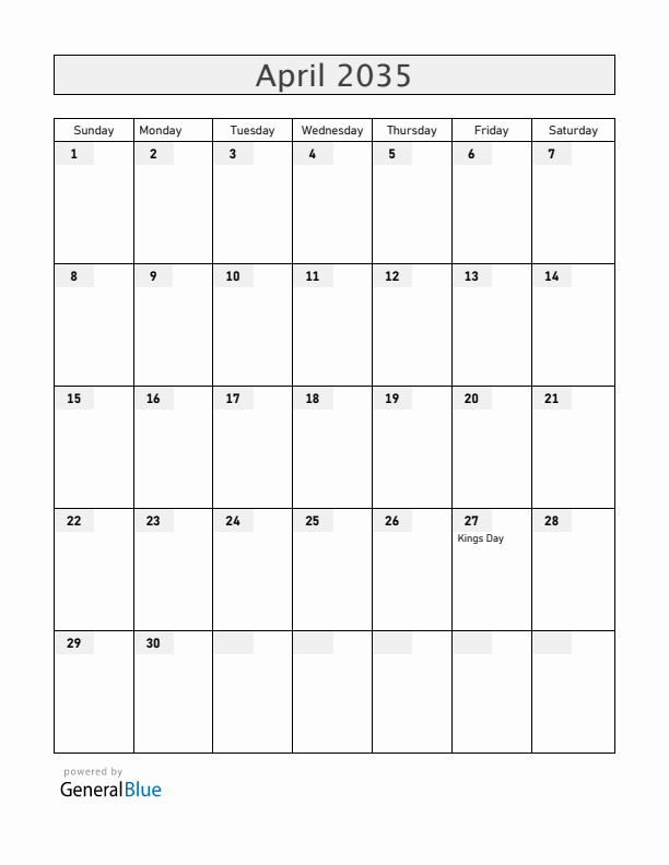 Curacao April 2035 Calendar with Holidays