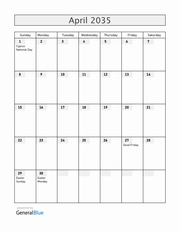 Cyprus April 2035 Calendar with Holidays