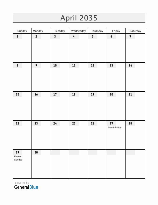 Ethiopia April 2035 Calendar with Holidays