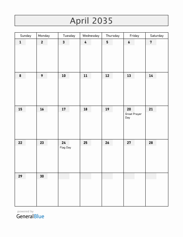 Faroe Islands April 2035 Calendar with Holidays