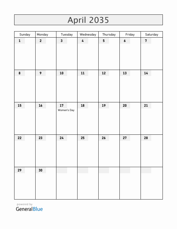 Gabon April 2035 Calendar with Holidays