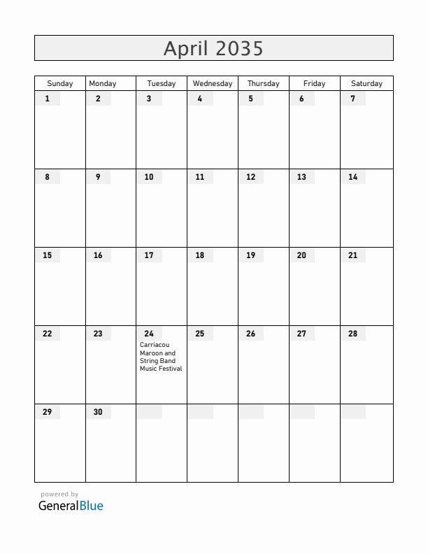 Grenada April 2035 Calendar with Holidays