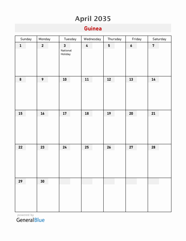 Guinea April 2035 Calendar with Holidays