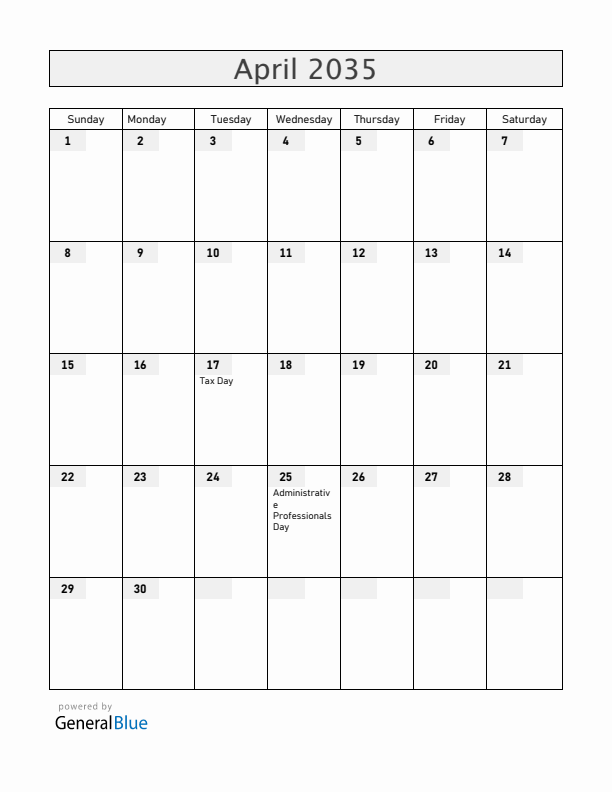 Guam April 2035 Calendar with Holidays