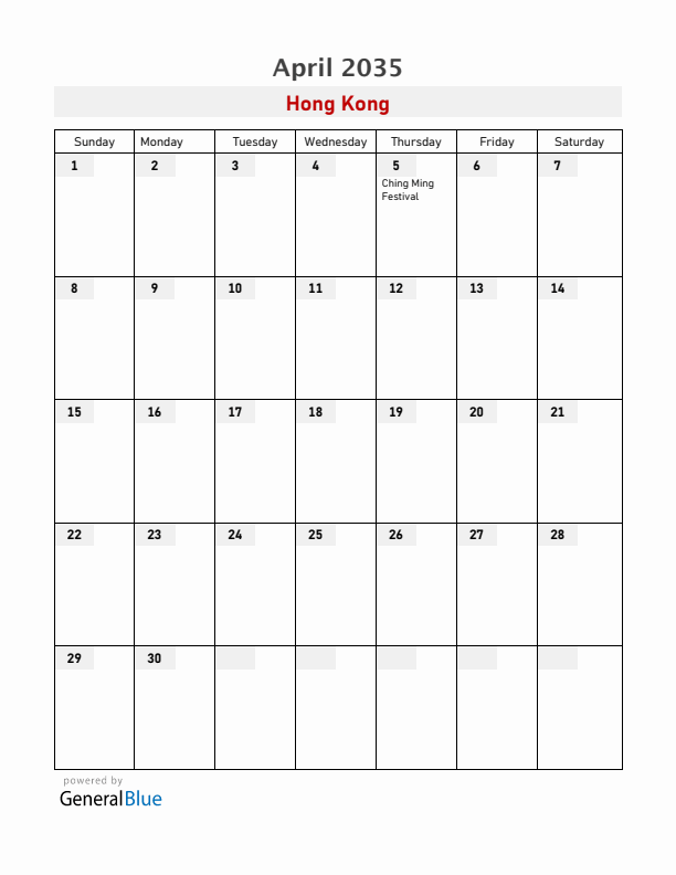 Hong Kong April 2035 Calendar with Holidays