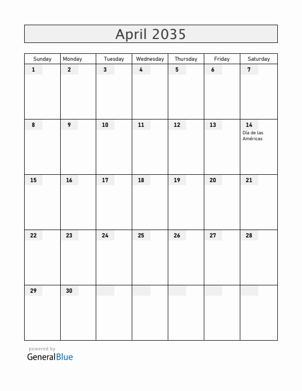 Honduras April 2035 Calendar with Holidays