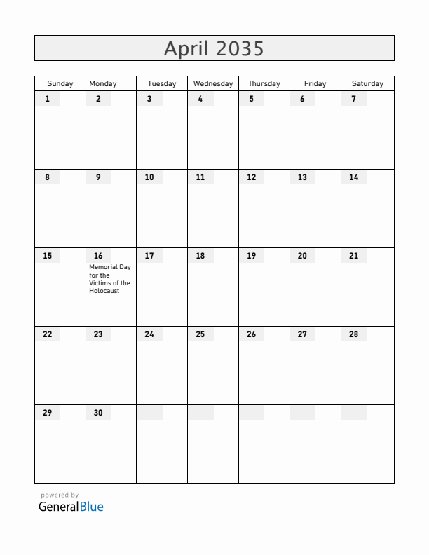 Hungary April 2035 Calendar with Holidays