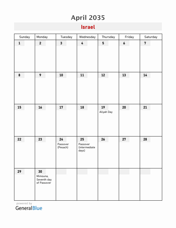 Israel April 2035 Calendar with Holidays