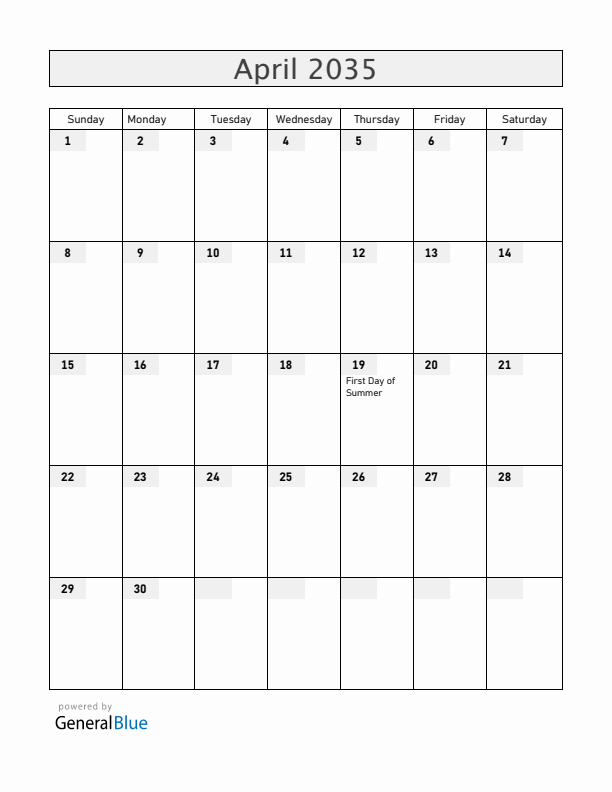Iceland April 2035 Calendar with Holidays