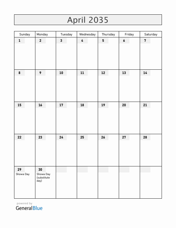 Japan April 2035 Calendar with Holidays