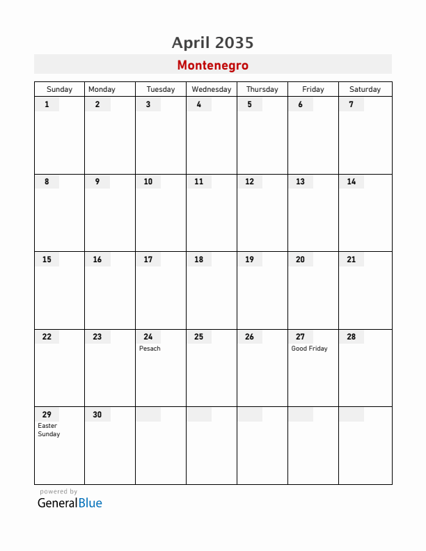 Montenegro April 2035 Calendar with Holidays