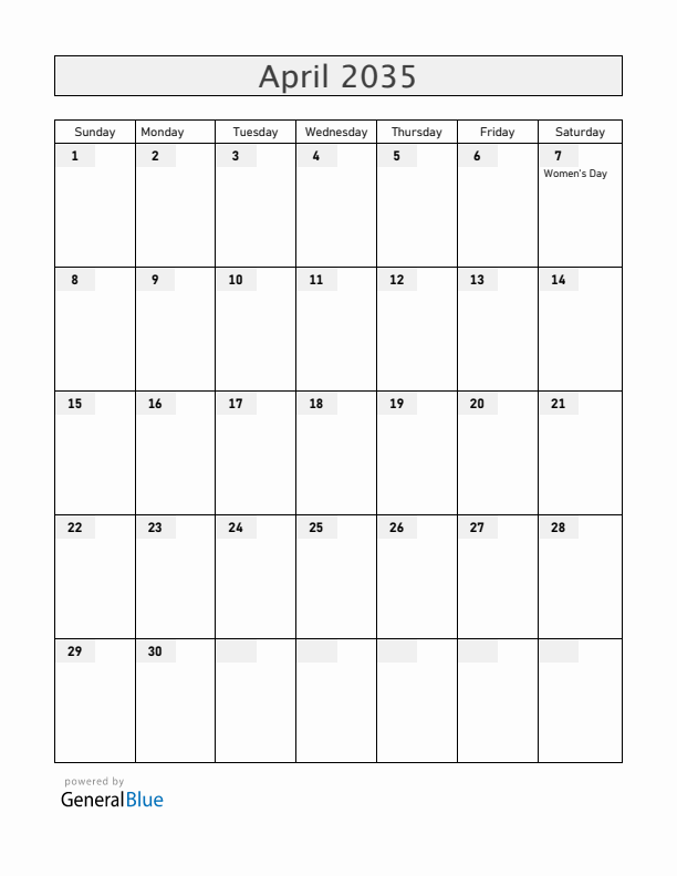 Mozambique April 2035 Calendar with Holidays