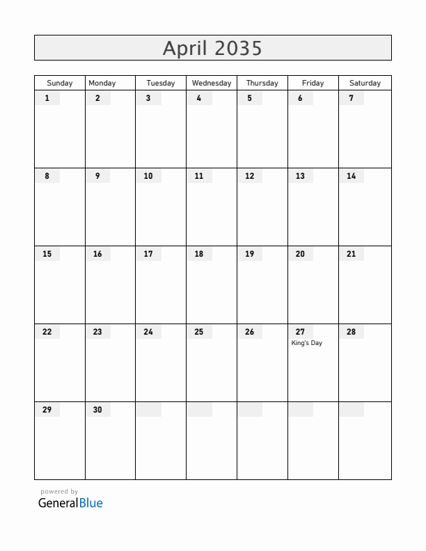 The Netherlands April 2035 Calendar with Holidays