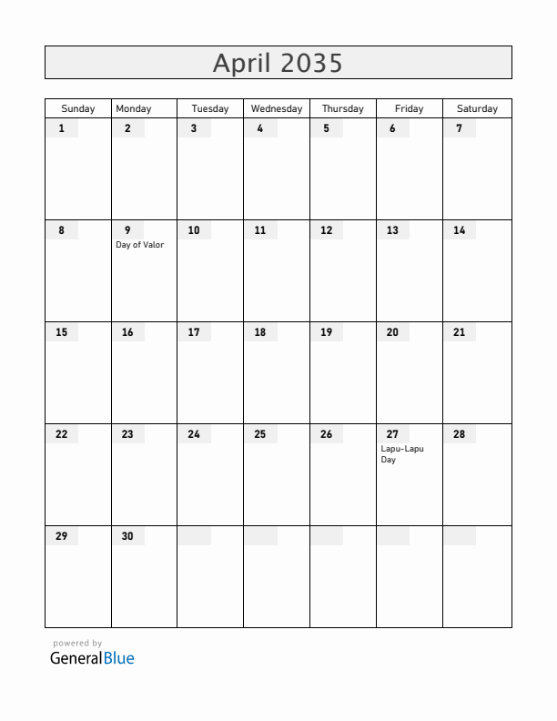 Philippines April 2035 Calendar with Holidays
