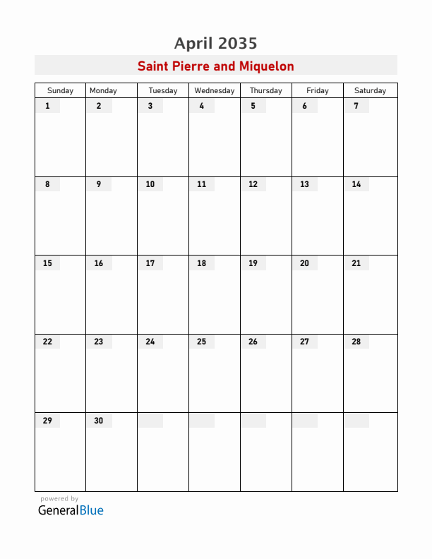 Saint Pierre and Miquelon April 2035 Calendar with Holidays