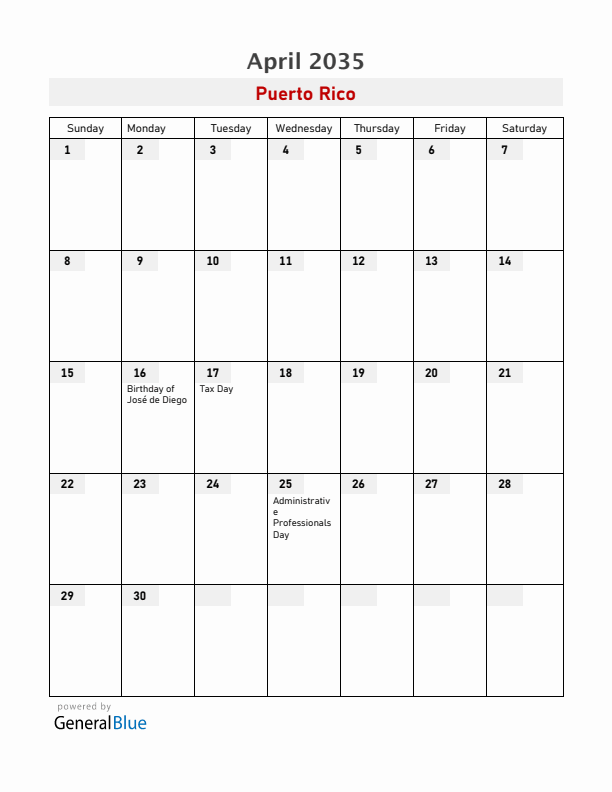 Puerto Rico April 2035 Calendar with Holidays