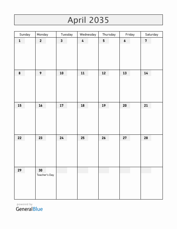 Paraguay April 2035 Calendar with Holidays