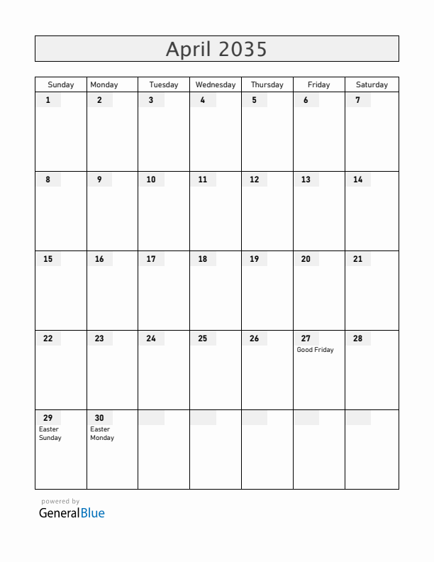 Romania April 2035 Calendar with Holidays