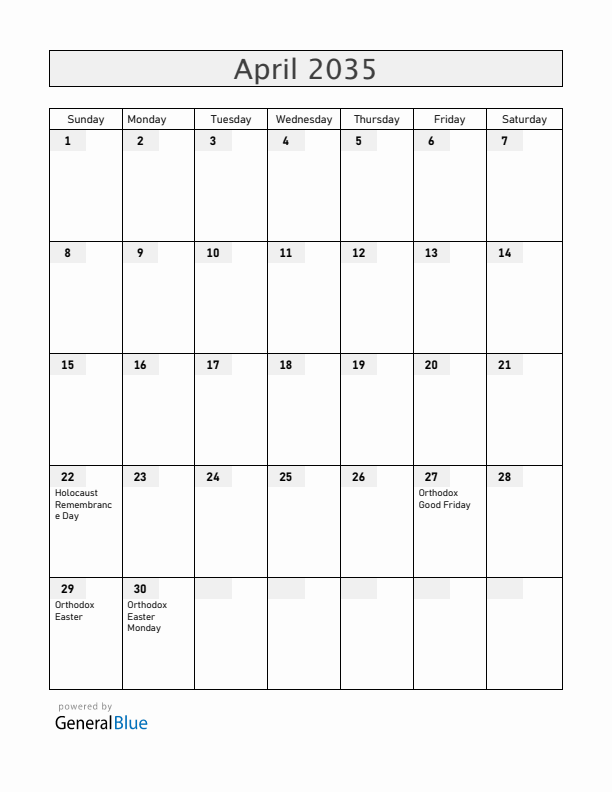 Serbia April 2035 Calendar with Holidays