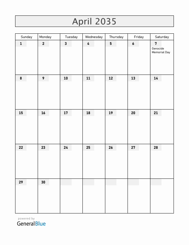 Rwanda April 2035 Calendar with Holidays