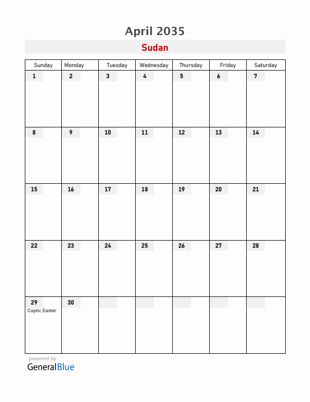 Sudan April 2035 Calendar with Holidays