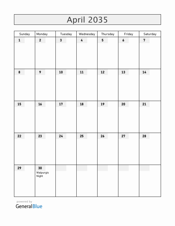 Sweden April 2035 Calendar with Holidays
