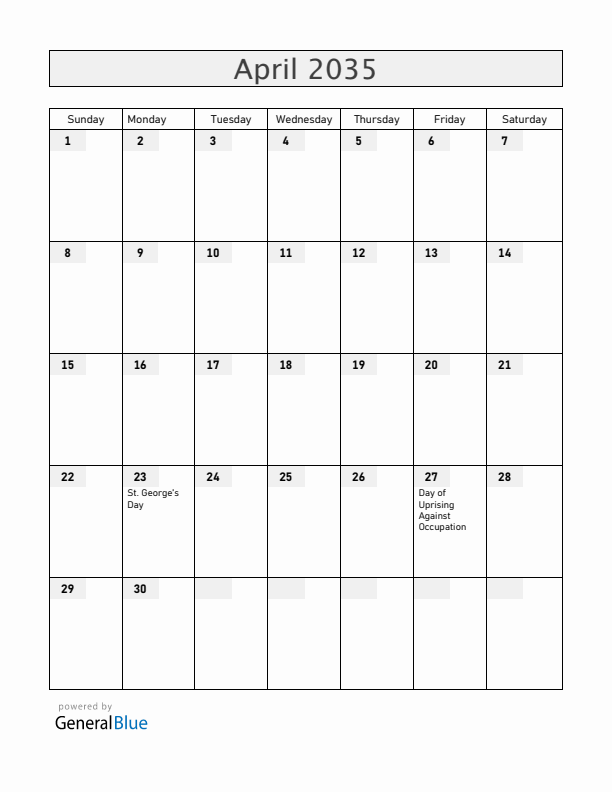 Slovenia April 2035 Calendar with Holidays